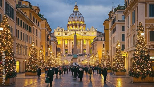 Tourists walking via della conciliazione towards saint peter's basilica at christmas