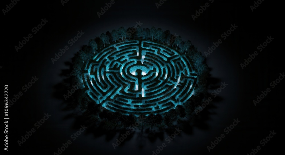 Mysterious glowing labyrinth pattern in dark ambiance Mysterious glowing labyrinth pattern in dark ambiance