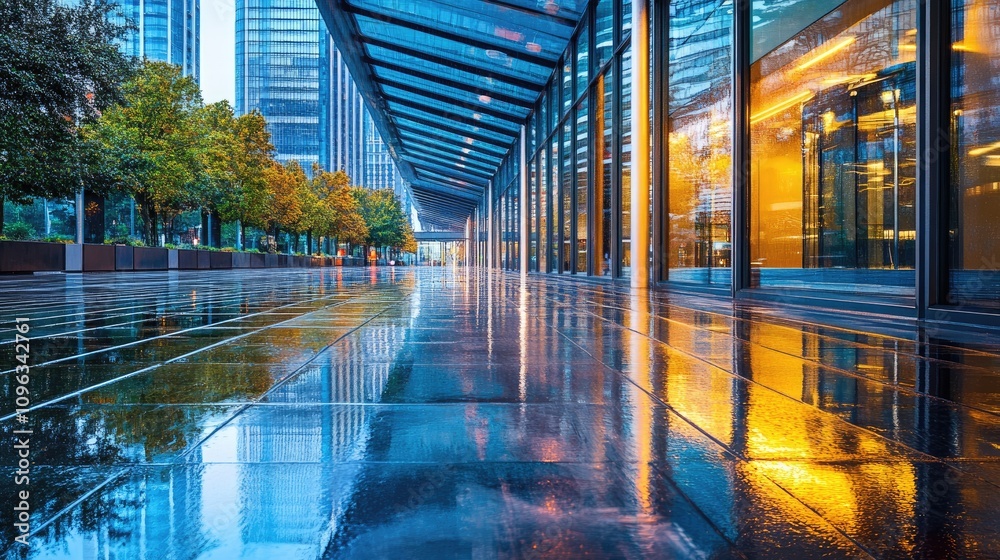 A tranquil urban walkway with vibrant reflections on wet pavement, framed by the sleek lines of a glass building. A tranquil urban walkway with vibrant reflections on wet pavement, framed by the sleek lines of a glass building.
