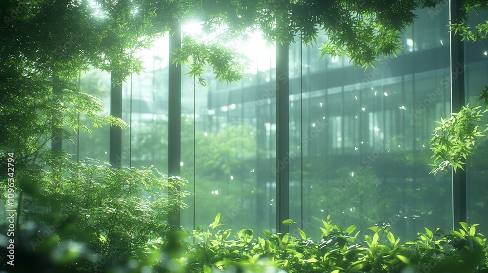 Fototapeta premium A view of a modern building through lush green foliage, with sunbeams shining through the leaves and onto the glass facade.