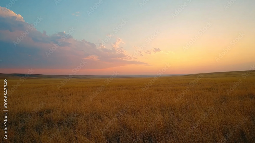 Open steppe with golden grass stretching into the horizon under a vibrant and colorful sunset Open steppe with golden grass stretching into the horizon under a vibrant and colorful sunset