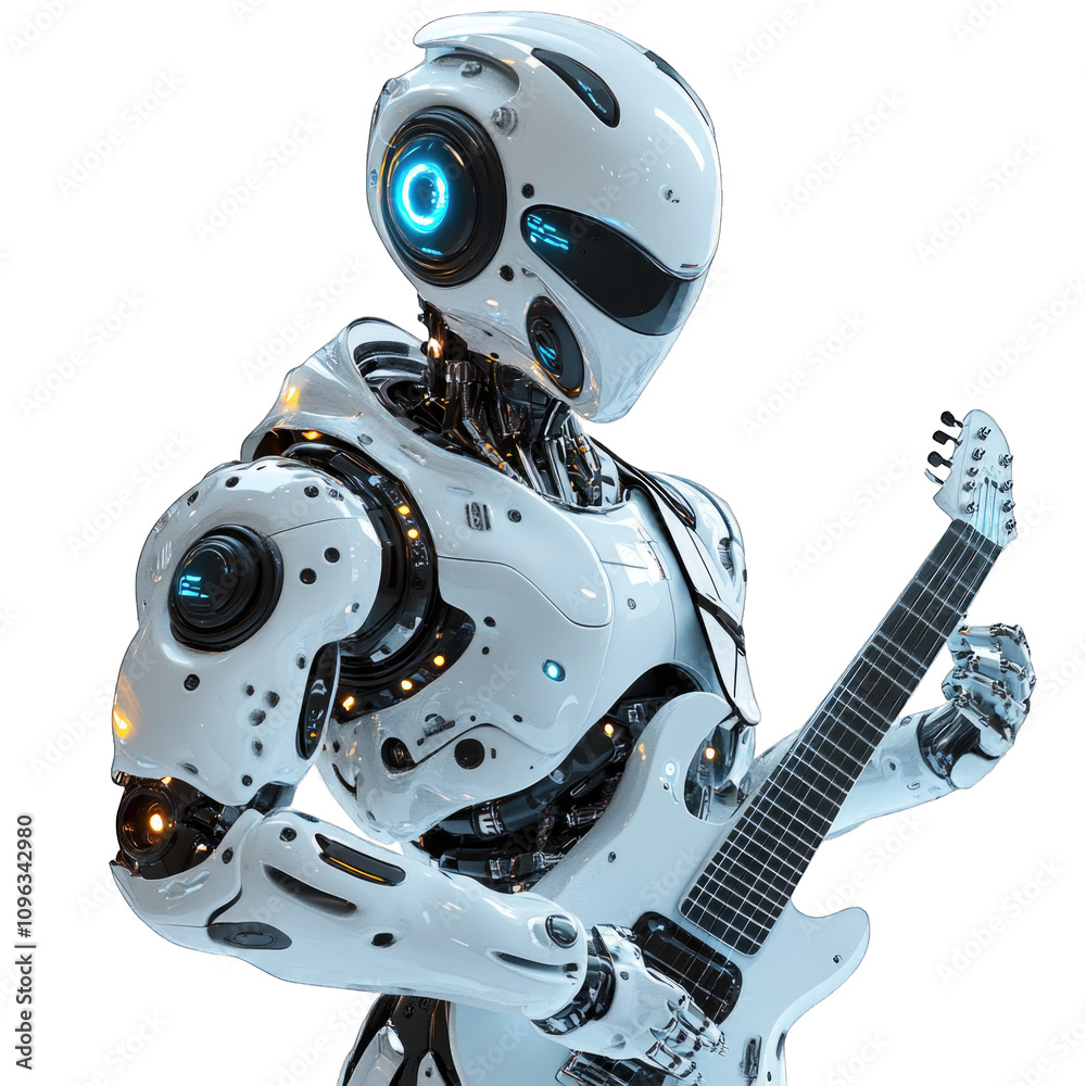 Robot playing electric guitar isolated on transparent background cutout png Robot playing electric guitar isolated on transparent background cutout png