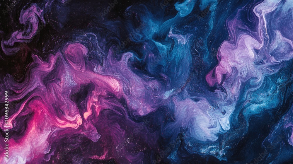 Fototapeta premium A vibrant mix of purples, blues, and pinks flowing like smoke on a dark background, creating a dynamic abstract pattern.