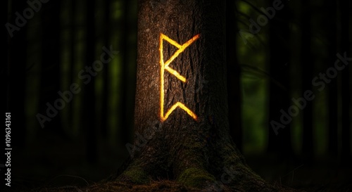 Mysterious glowing rune carved on tree in dark photo