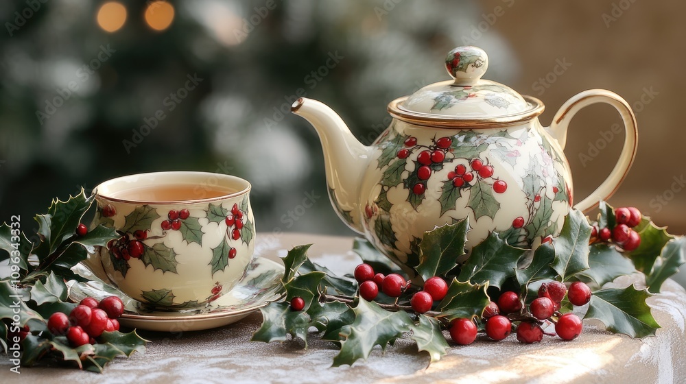 A holiday-themed herbal tea setting featuring a delicate porcelain teapot and cup adorned with holly leaves and red berries, elegantly arranged on a soft table surface. A holiday-themed herbal tea setting featuring a delicate porcelain teapot and cup adorned with holly leaves and red berries, elegantly arranged on a soft table surface.