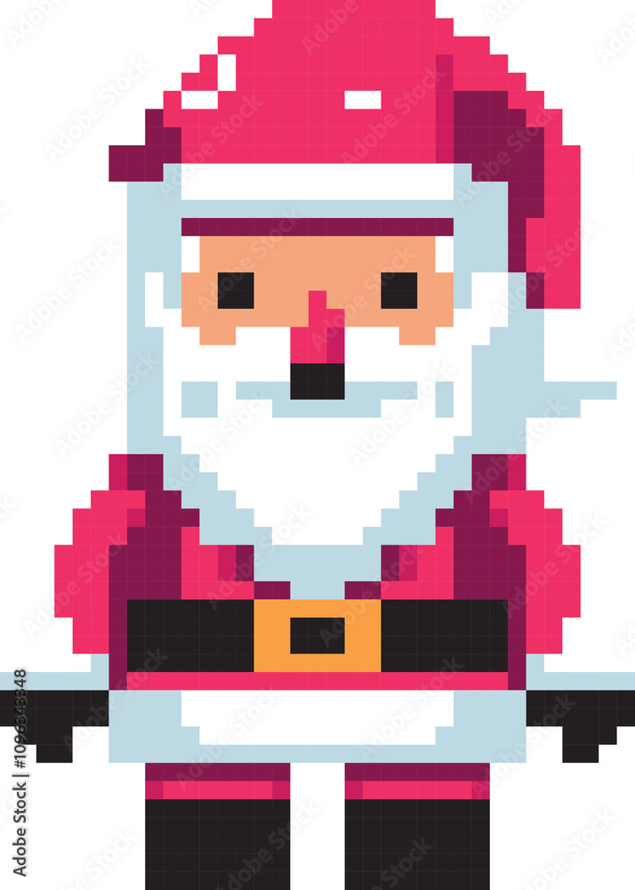 Obraz premium 8-Bit Pixel Art Santa Claus: Retro video game character sprite standing in red suit for merry Christmas celebration, festive winter holiday design and seasonal digital assets