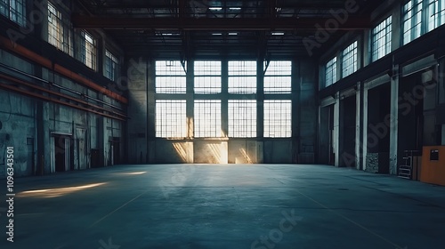 Sunbeams Illuminate Vast Industrial Interior: A Warehouse at Sunset. AI Generated