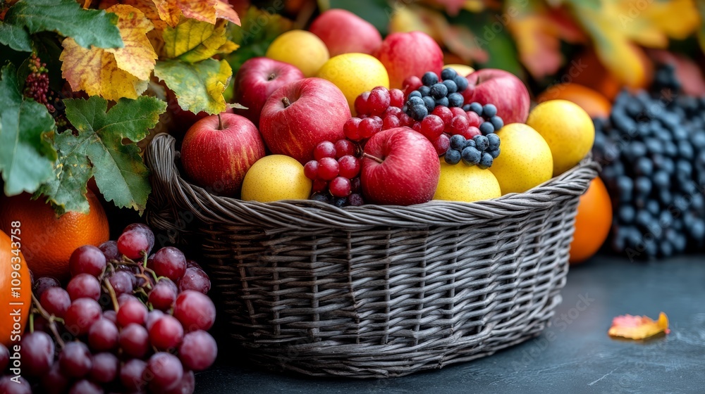 A wicker basket overflowing with fresh autumn fruits including apples, grapes, plums, and cranberries. A wicker basket overflowing with fresh autumn fruits including apples, grapes, plums, and cranberries.