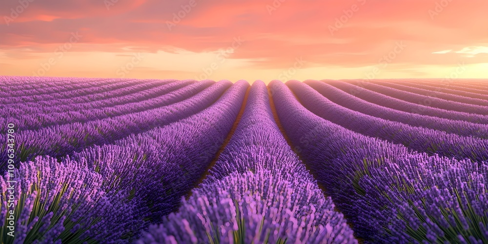 Obraz premium A breathtaking view of vibrant lavender fields stretching into the horizon, bathed in soft hues of pink and orange during sunset, creating a serene and tranquil atmosphere.