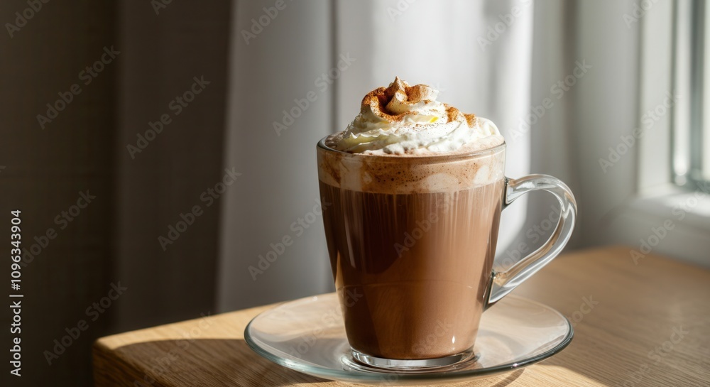 Warm sunlight on hot cocoa with whipped cream Warm sunlight on hot cocoa with whipped cream