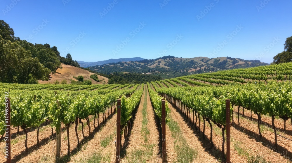 Picturesque vineyard with rows of grapevines on a gently sloping hillside under a bright blue sky Picturesque vineyard with rows of grapevines on a gently sloping hillside under a bright blue sky