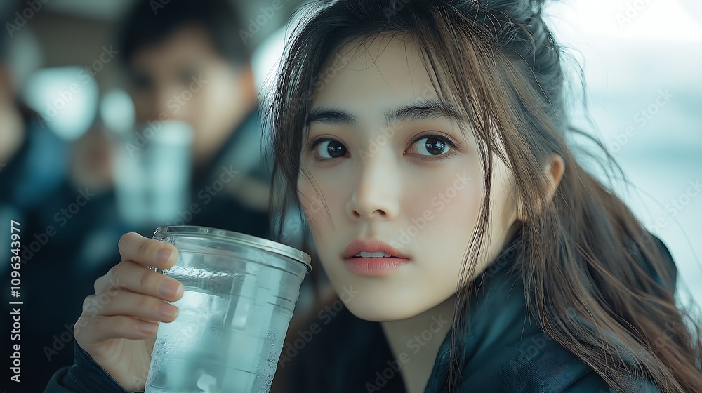 Inside the scientific research station, Chinese scientific research team members wearing down jackets, holding travel cups, drinking water Inside the scientific research station, Chinese scientific research team members wearing down jackets, holding travel cups, drinking water