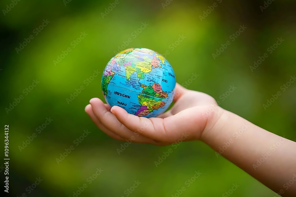 A child's hand holds a small globe, symbolizing global awareness and environmental care. A child's hand holds a small globe, symbolizing global awareness and environmental care.