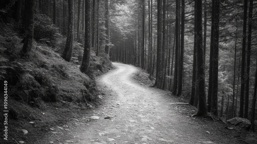 Naklejka premium A beautiful winding path through a forest lined with trees, stone walls, and fallen leaves in black and white.