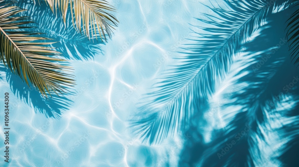 Tropical palm leaves creating playful shadows on a serene blue pool surface, evoking summer relaxation and tranquility with a vibrant abstract backdrop. Tropical palm leaves creating playful shadows on a serene blue pool surface, evoking summer relaxation and tranquility with a vibrant abstract backdrop.