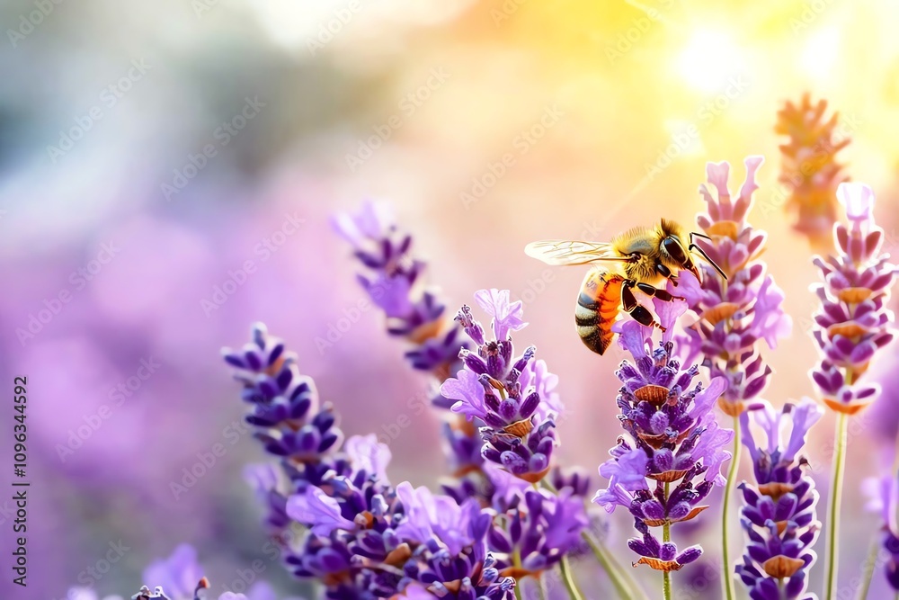 A bee collecting nectar from vibrant lavender flowers under a sunlit sky, showcasing nature's beauty and harmony. A bee collecting nectar from vibrant lavender flowers under a sunlit sky, showcasing nature's beauty and harmony.