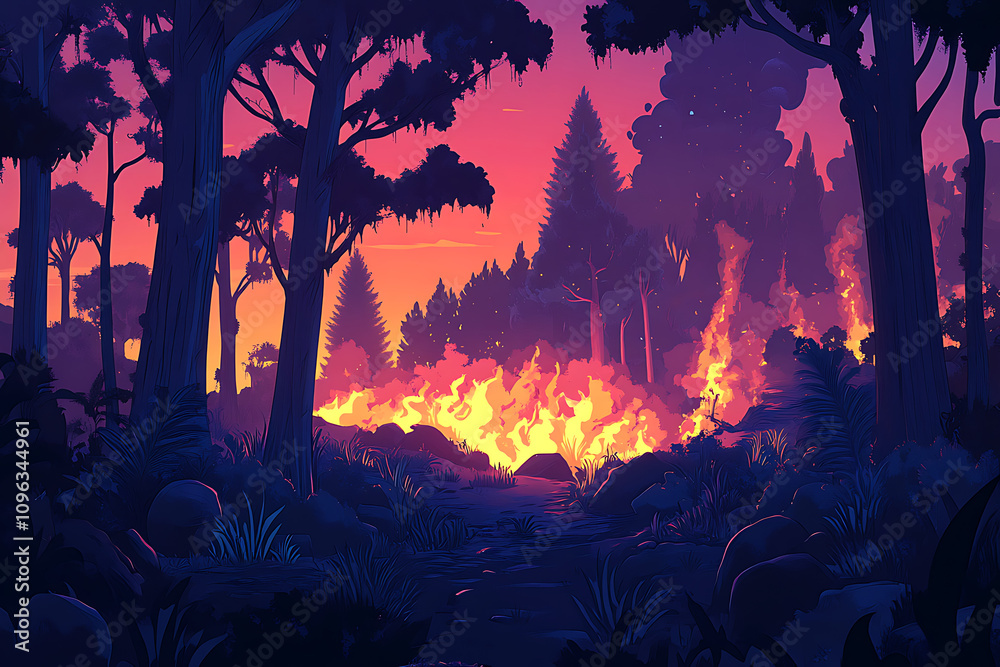 Obraz premium A vibrant forest scene depicting a fire amidst the trees at sunset.