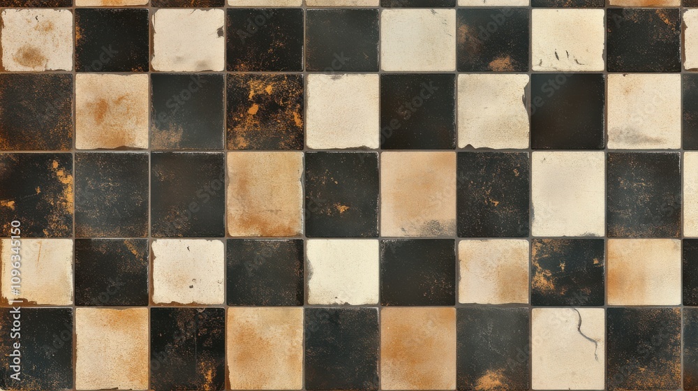 Fototapeta premium A vintage checkerboard pattern featuring a mix of black and cream tiles with distressed textures.