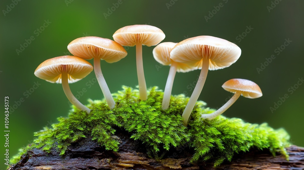 Fototapeta premium A cluster of delicate mushrooms growing on a log, surrounded by vibrant green moss in a serene forest setting.