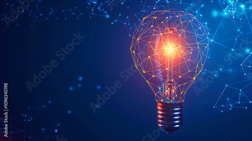 Electric light bulb bright polygonal connections on a dark blue background