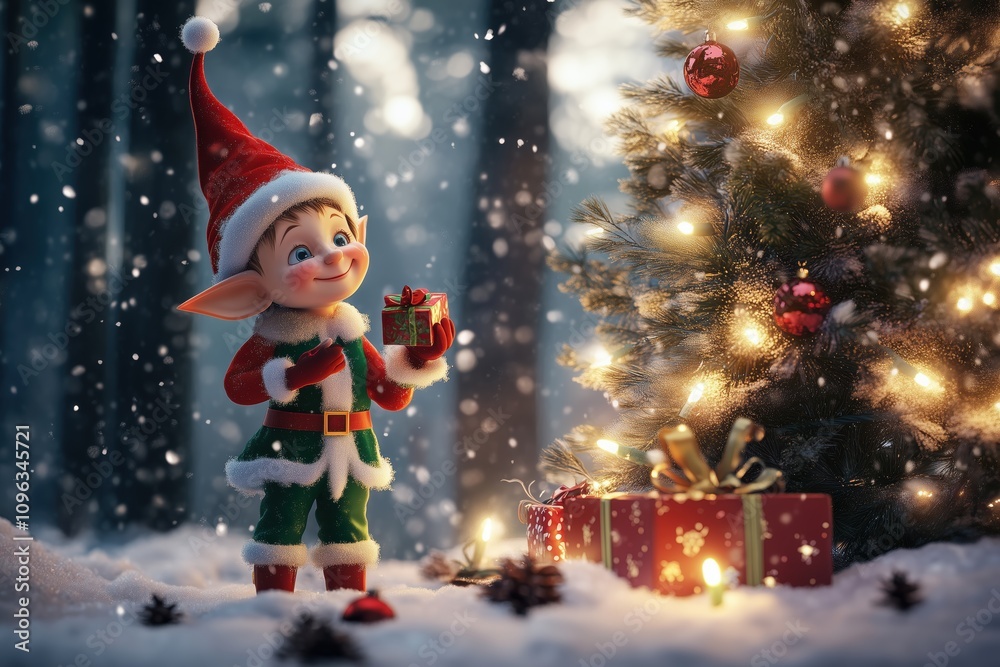 Joyful Christmas elf with a hat and gift Joyful Christmas elf with a hat and gift