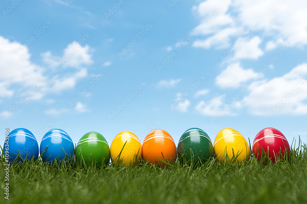 colorful easter eggs in green grass under blue sky colorful easter eggs in green grass under blue sky