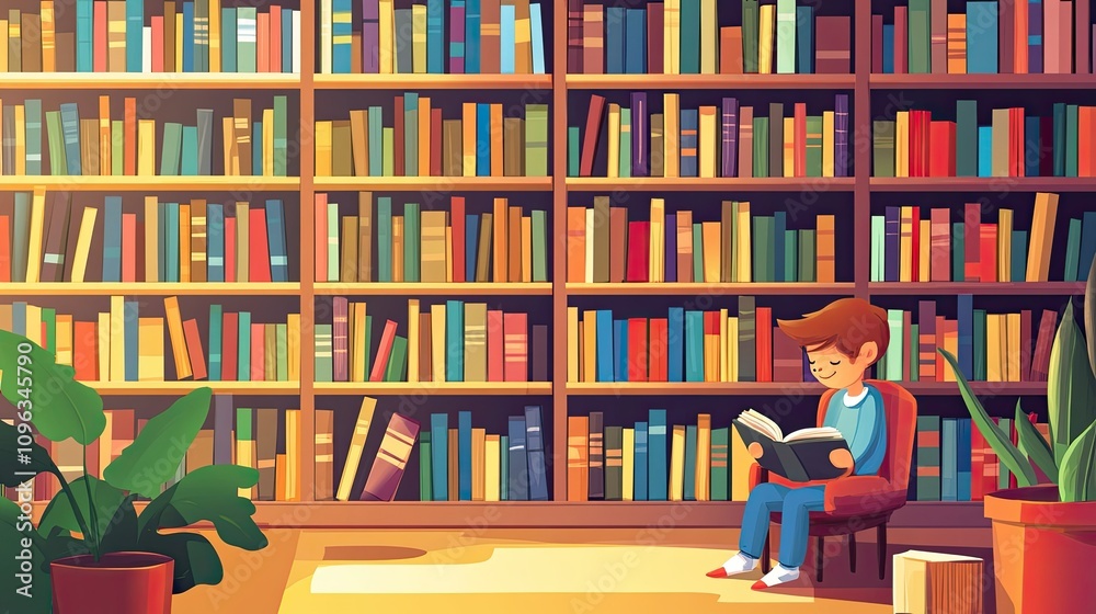 Cozy Reading Space with a Young Boy Engrossed in a Book Surrounded by Colorful Bookshelves and Lush Greenery in a Bright and Inviting Library Environment Cozy Reading Space with a Young Boy Engrossed in a Book Surrounded by Colorful Bookshelves and Lush Greenery in a Bright and Inviting Library Environment