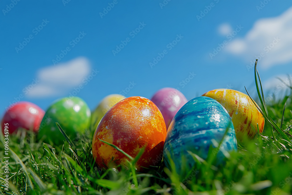 colorful easter eggs in green grass under blue sky colorful easter eggs in green grass under blue sky
