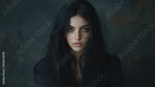 Young woman with long black hair and striking features, gazing directly at the camera, set against a softly blurred dark background.