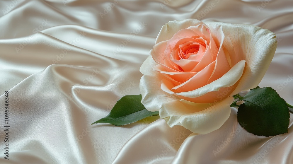 Delicate pink rose resting on luxurious peach and white silk satin fabric with soft creases, creating an elegant and refined backdrop for design projects. Delicate pink rose resting on luxurious peach and white silk satin fabric with soft creases, creating an elegant and refined backdrop for design projects.