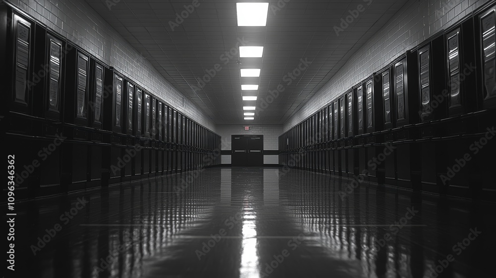 Fototapeta premium An empty hallway with lockers and a door at the end. The floor is shiny and reflective.