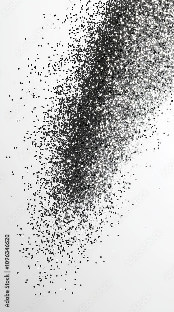 Obraz premium Silver glitter particles mid air create festive decoration, showcasing sparkling texture with motion blur against white background