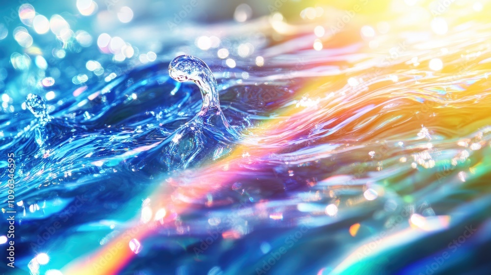 Vibrant water texture overlay featuring a colorful rainbow light refraction, organic drop impact, and diagonal shadow caustic effects on a shimmering surface. Vibrant water texture overlay featuring a colorful rainbow light refraction, organic drop impact, and diagonal shadow caustic effects on a shimmering surface.