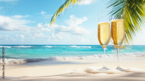 Champagne glasses on a sandy beach under palm trees with ocean waves in the background, creating a tranquil atmosphere perfect for relaxation.