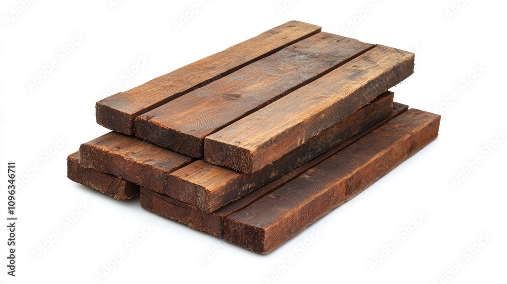 Stack of rustic wooden planks with a rich brown hue, showcasing the natural grain and texture, set against a clean white background. Stack of rustic wooden planks with a rich brown hue, showcasing the natural grain and texture, set against a clean white background.