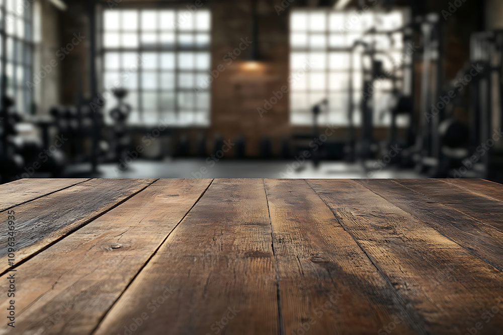 empty wooden table and gym background empty wooden table and gym background