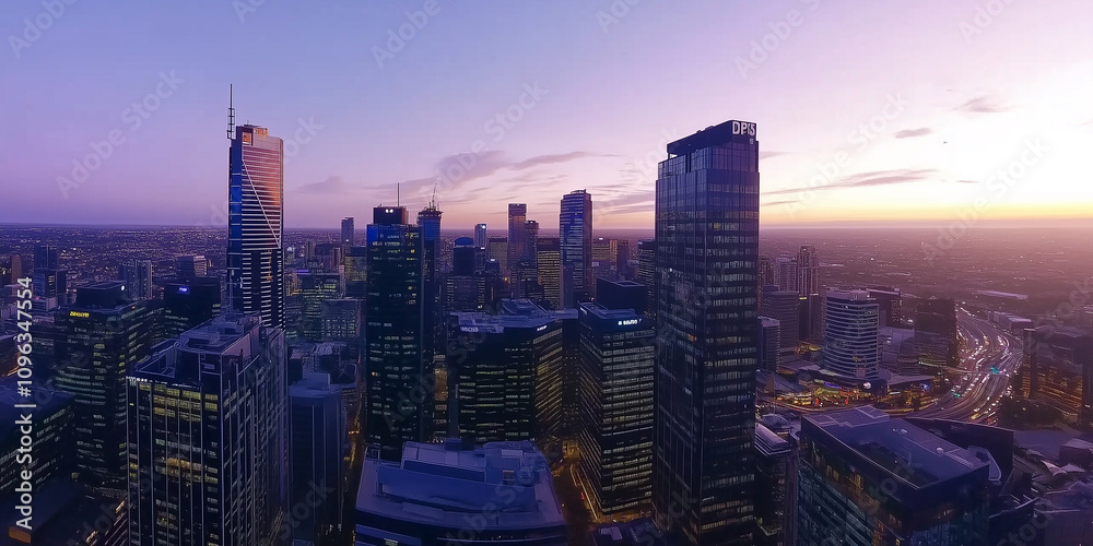 Fototapeta premium Modern City Skyline with Office Buildings and Drone View at Sunset