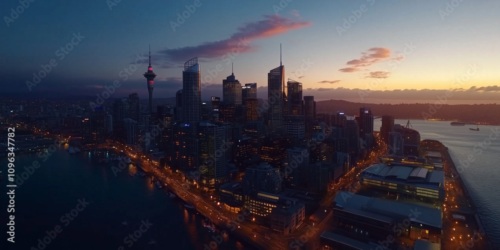 Naklejka premium Modern City Skyline with Office Buildings and Drone View at Sunset