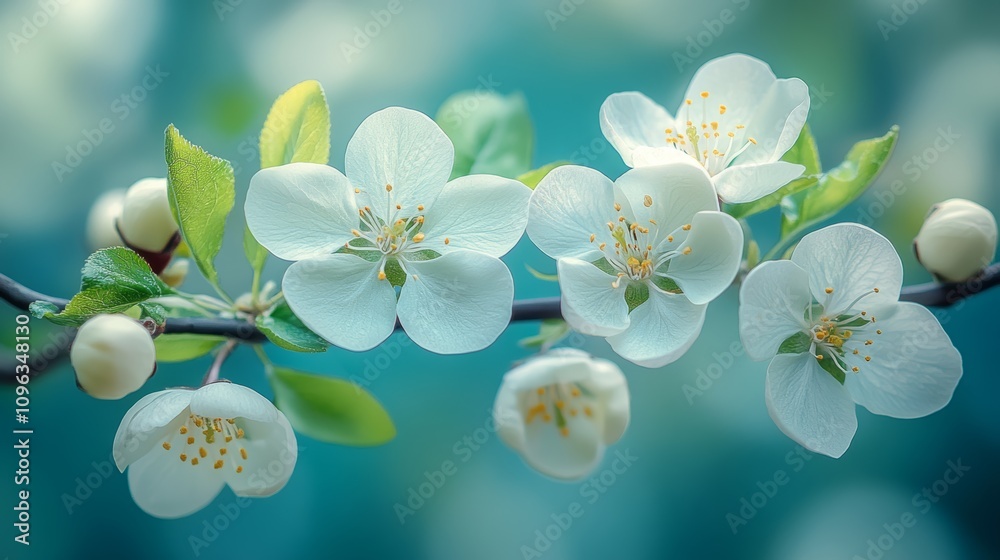Fototapeta premium Close-up of delicate white blossoms blooming on a branch, with a soft blue background.