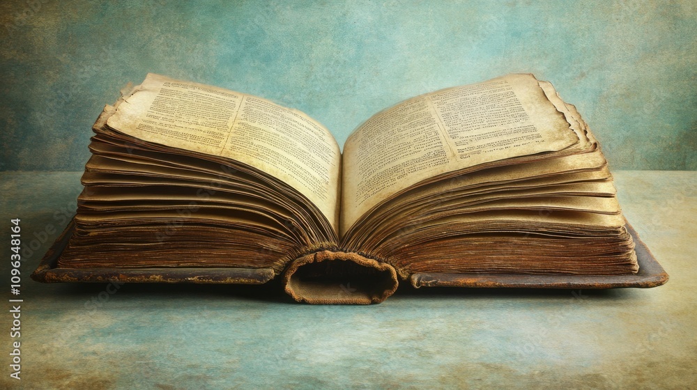 Obraz premium An antique open book showcasing yellowed pages and detailed text, set against a textured turquoise background.