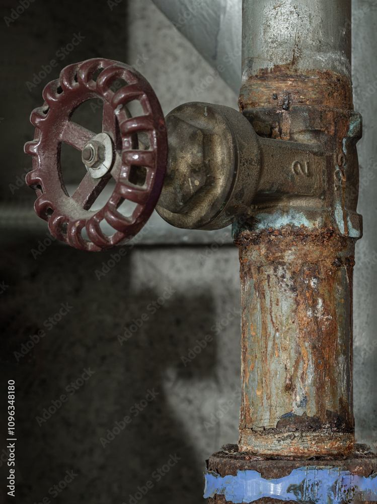 Old rust water control valve and old steel pipe in large water systems for Residential water supply. A corroded water supply valve and Old rusty plumbing, Space for text, Selective focus.