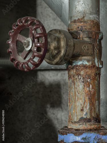 Old rust water control valve and old steel pipe in large water systems for Residential water supply. A corroded water supply valve and Old rusty plumbing, Space for text, Selective focus.