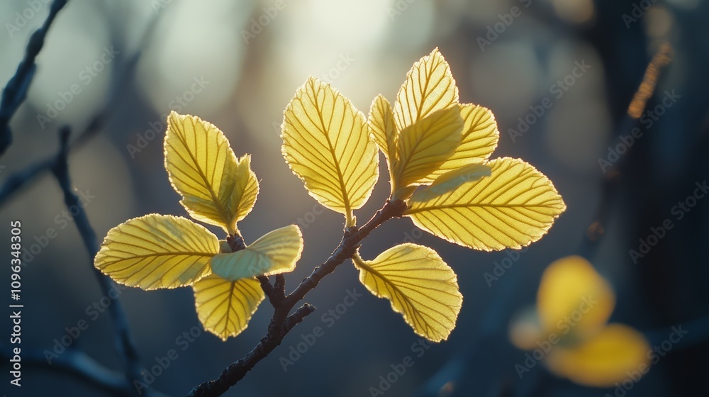 Obraz premium Close-up of delicate, yellow-green leaves backlit by the sun on a branch, creating a soft, ethereal glow.