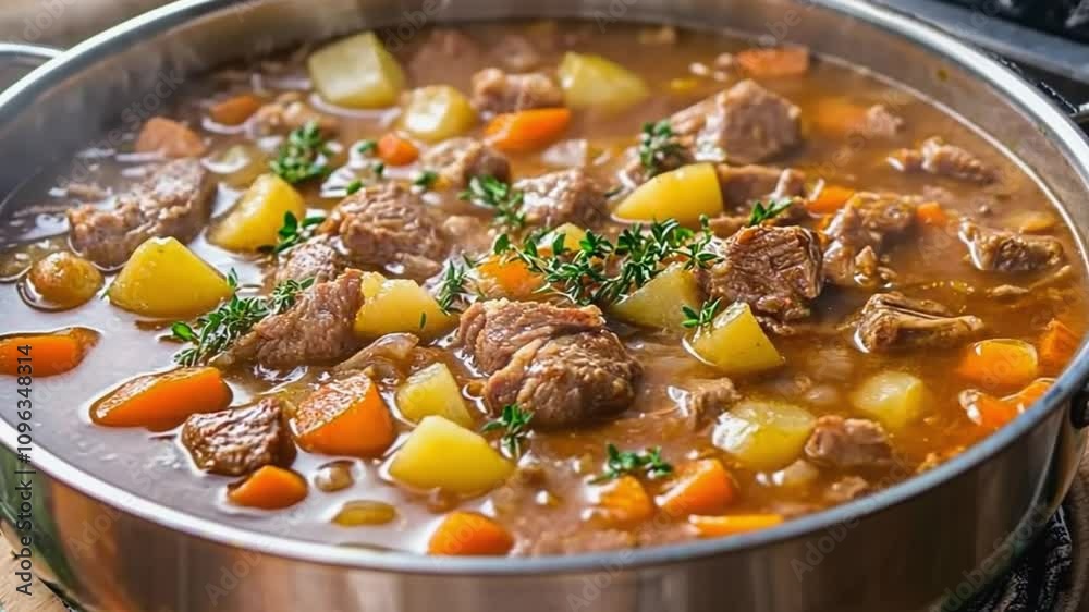 Simmering hot beef stew bubbling in a pot