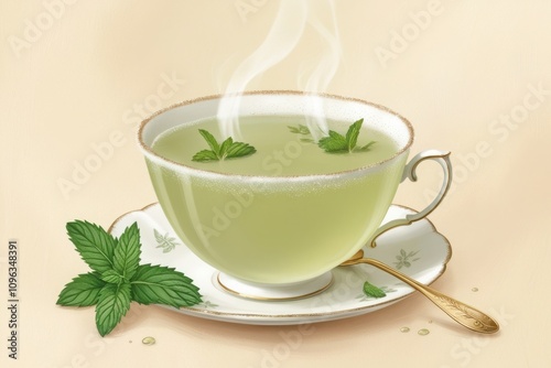 illustration image of steaming cup of tea. The cup is a delicate porcelain, adorned with a gold rim. Fresh mint leaves float on the surface of the tea, adding a touch of freshness. 