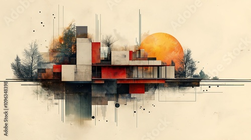 geometric people and city, small and medium enterprises, lending, collage style, minimalist