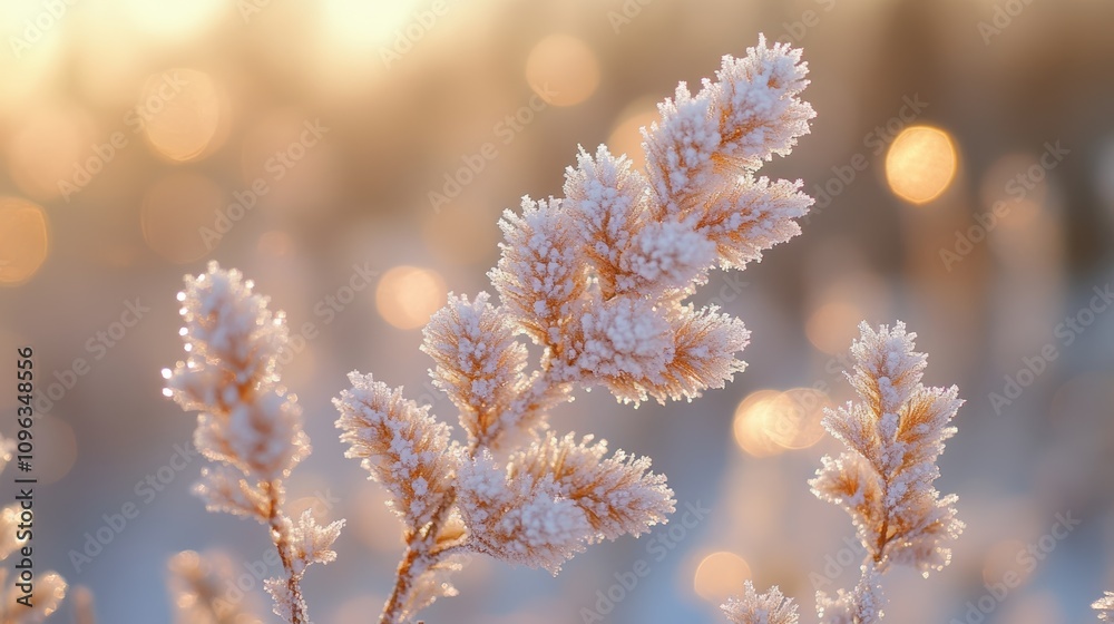 Close-up of frost-covered grass blades with a blurry background of golden bokeh lights. Close-up of frost-covered grass blades with a blurry background of golden bokeh lights.
