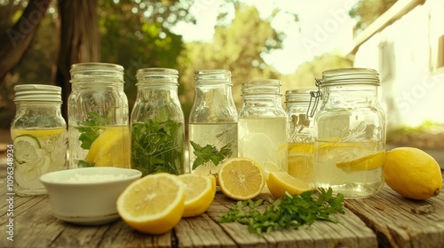 Refreshing Lemon and Herb Water in Mason Jars