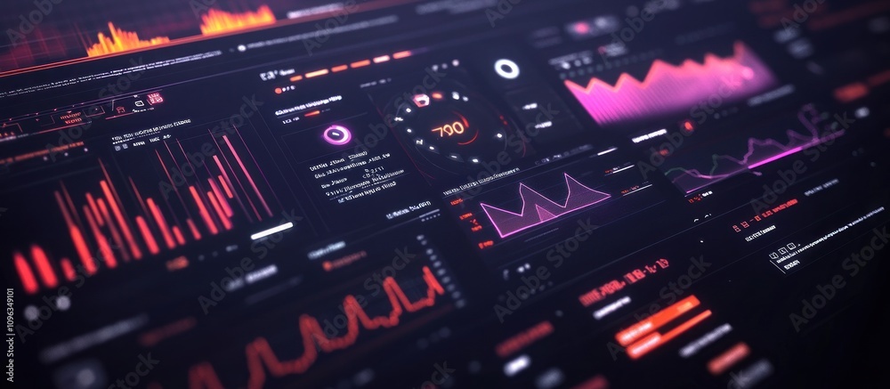 Obraz premium Futuristic digital dashboard displaying various data graphs, charts, and metrics in red and pink hues.
