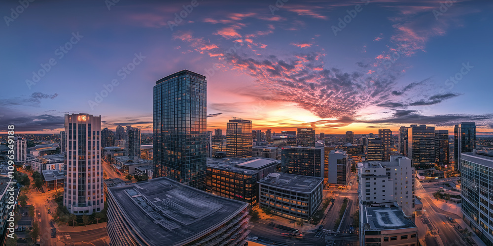 Obraz premium Modern City Skyline with Office Buildings and Drone View at Sunset